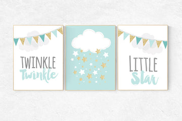 Twinkle Twinkle Little Star, Mint gold nursery decor, elephant nursery, cloud nursery, gender neutral baby, Mint and gold nursery room