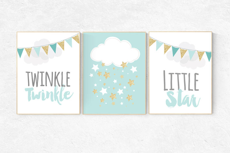 Twinkle Twinkle Little Star, Mint gold nursery decor, elephant nursery, cloud nursery, gender neutral baby, Mint and gold nursery room