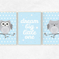 Dream Big Little One, owl nursery art, Baby boy nursery decor, Blue gray nursery, boys room wall art, baby room prints, set of 3, boys room