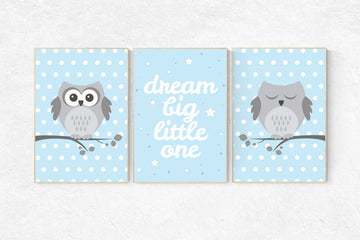 Dream Big Little One, owl nursery art, Baby boy nursery decor, Blue gray nursery, boys room wall art, baby room prints, set of 3, boys room