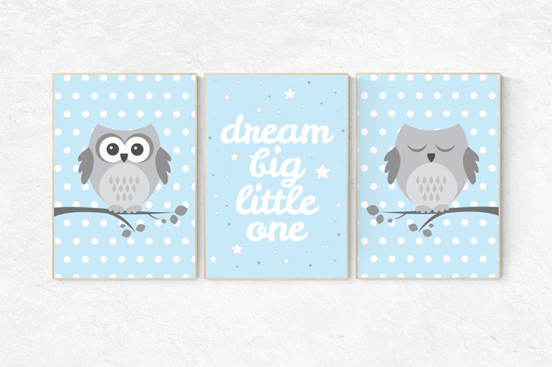 Dream Big Little One, owl nursery art, Baby boy nursery decor, Blue gray nursery, boys room wall art, baby room prints, set of 3, boys room