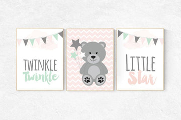 Nursery decor girl mint pink, pink and mint nursery art, twinkle twinkle little star, nursery decor bear, nursery wall art girl, girls room