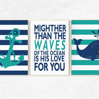 Nautical nursery prints, mightier than the waves of the sea, Nautical decor, whale nursery decor, navy nursery decor, nursery decor boy