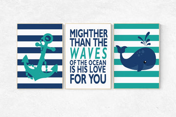 Nautical nursery prints, mightier than the waves of the sea, Nautical decor, whale nursery decor, navy nursery decor, nursery decor boy