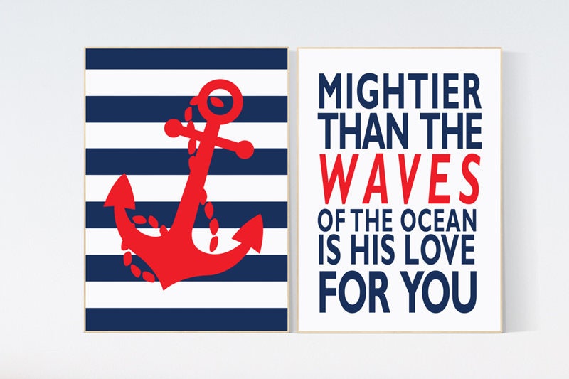 Nautical boy nursery, mightier than the waves, nautical baby room, Nautical Nursery Art, Navy red Nursery Decor, navy nursery, whale nursery