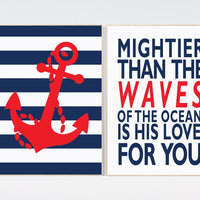 Nautical boy nursery, mightier than the waves, nautical baby room, Nautical Nursery Art, Navy red Nursery Decor, navy nursery, whale nursery