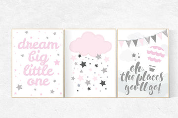nursery decor girl pink and gray, hot air balloon nursery print, dream big little one, pink and silver nursery, girls nursery decor
