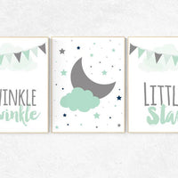 Mint navy nursery decor, cloud nursery mint nursery, star nursery decor, nursery wall art, set of 3, nursery prints, baby room, mint navy