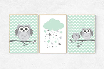 Gender neutral nursery decor, mint nursery decor, owl nursery wall art, mint gray, owl room decor, owl nursery owl nursery wall art new baby