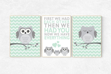Owl nursery wall art, mint nursery decor, first we had each other then we had you, mint gray, owl room decor, owl nursery decor, kids room