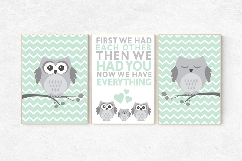 Owl nursery wall art, mint nursery decor, first we had each other then we had you, mint gray, owl room decor, owl nursery decor, kids room