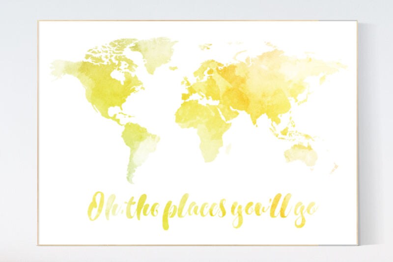 World map wall art, yellow world map, oh the places you'll go, waterco ...