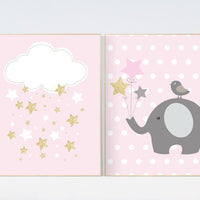 Nursery decor girl elephant, pink gold nursery decor, pink and gold nursery wall art, nursery decor, baby girl nursery, cloud and stars