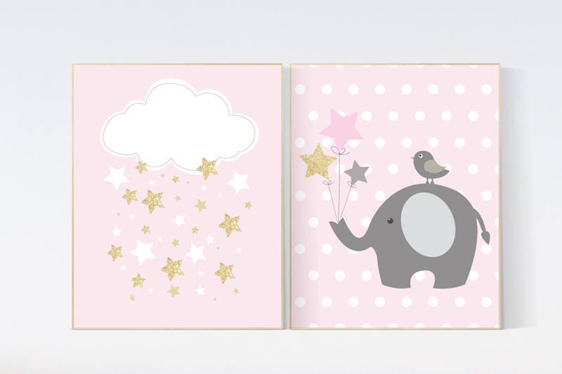 Nursery decor girl elephant, pink gold nursery decor, pink and gold nursery wall art, nursery decor, baby girl nursery, cloud and stars