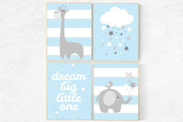 Baby boy nursery decor, dream big little one, Elephant Nursery, baby boy nursery decor wall art,blue nursery decor, blue nursery print