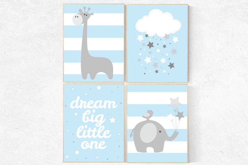 Baby boy nursery decor, dream big little one, Elephant Nursery, baby boy nursery decor wall art,blue nursery decor, blue nursery print