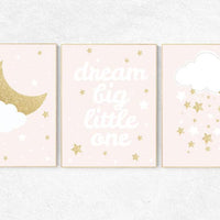 Pink gold nursery art, dream big little one, blush pink nursery decor, pink and gold, rose nursery wall art, nursery decor pink, girls room