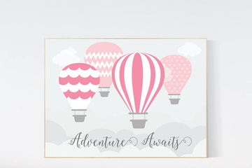 hot air balloon nursery, large nursery art, baby girl nursery decor, nursery wall art, nursery print, pink nursery decor, playroom decor