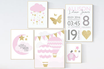 Nursery decor girl pink and gold, hot air balloon nursery, star and moon nursery decor, nursery decor elephant, pink gold baby shower