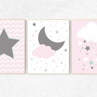 Pink mint Gray Nursery Art, Baby Girl Nursery Decor, Nursery Print, Baby Girl Pink mint  Nursery Art, Baby Girl Wall Art, cloud nursery