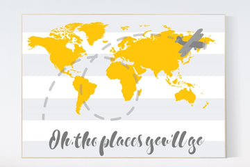 Oh the places you'll go, travel nursery decor, World Map wall art, world map nursery, yellow nursery, gender neutral nursery, yellow gray