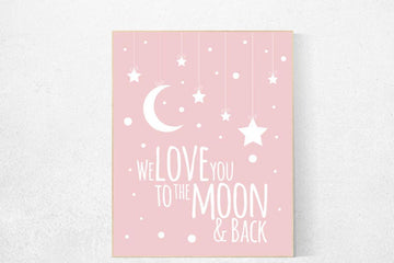 We love you to the moon and back, pink nursery decor, moon print, nursery wall art, new baby gift, baby room decor, baby room art, pink