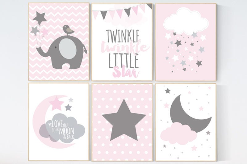 CUSTOMIZE! Pink Gray Nursery Art, Twinle twinkle, Baby Girl Nursery Decor, Nursery Print, Baby Girl Pink Nursery Art, pink gray, Baby Girl