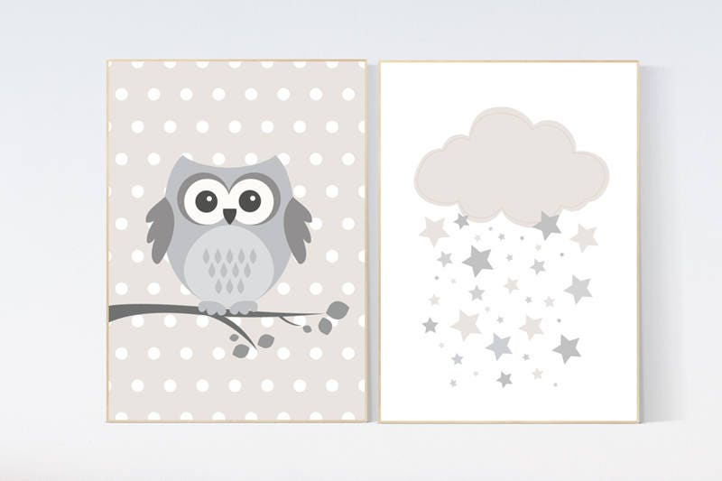 Owl nursery decor, gender neutral nursery, owl decor for nursery, beige and cream, cloud Nursery Decor Gray Beige gender neutral baby shower