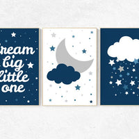 Navy nursery, dream big little one, cloud nursery art, Baby boy nursery decor, navy gray nursery, boys room wall art, baby room prints