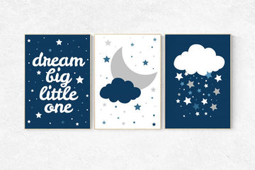 Navy nursery, dream big little one, cloud nursery art, Baby boy nursery decor, navy gray nursery, boys room wall art, baby room prints
