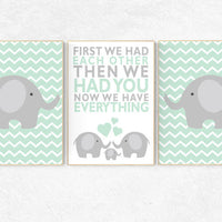 Mint nursery decor, First We Had Each Other, elephant Nursery, Nursery Art, Nursery Decor, gender neutral nursery,  set of 3, playroom decor