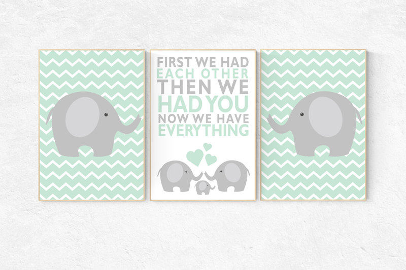 Mint nursery decor, First We Had Each Other, elephant Nursery, Nursery Art, Nursery Decor, gender neutral nursery,  set of 3, playroom decor