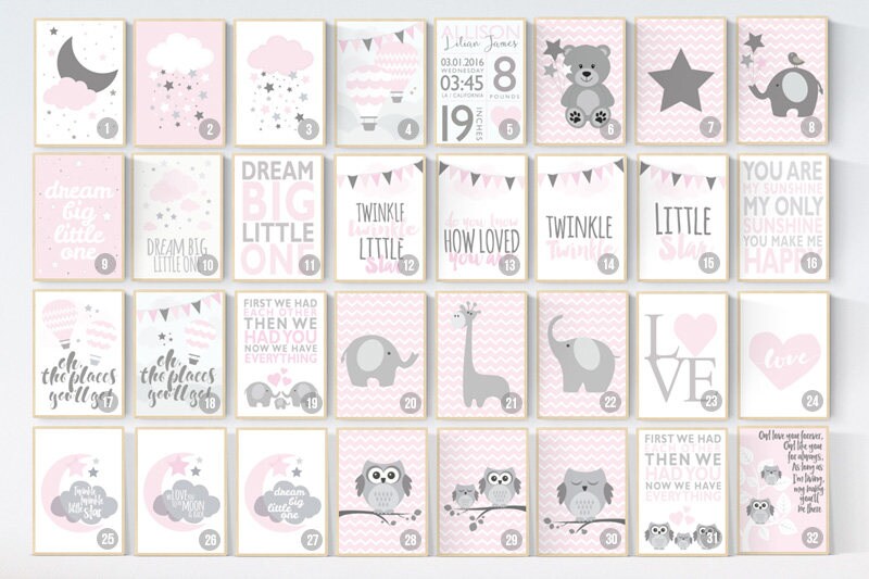Pink Nursery Art, Nursery decor girl, baby girl room decor, Nursery Print, Baby Girl Pink Nursery Art, pink gray, girls nursery decor