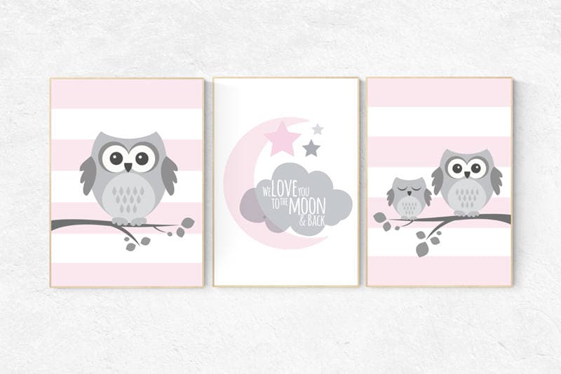 Nursery wall art girl, owl nursery, pink and gray nursery, we love you to the moon and back, nursery decor girl wall art, owl nursery art
