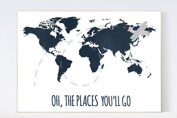 Navy nursery, Oh the places you'll go, world map wall art kids, navy blue, nursery decor boys, world map nursery, navy nursery, navy gray