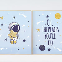 Outer space nursery wall art, oh the places you'll go, navy space nursery decor, baby boy, moon print, playroom decor, kids room