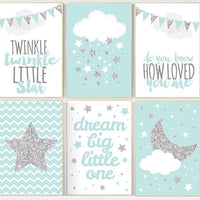 Mint silver gray nursery, dream big little one, nursery decor elephant, Mint silver nursery, nursery prints, gender neutral, teal mint green