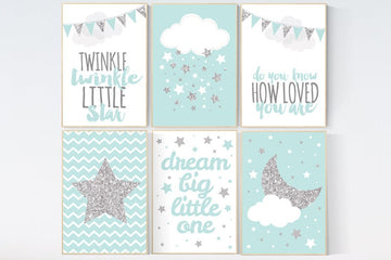 Mint silver gray nursery, dream big little one, nursery decor elephant, Mint silver nursery, nursery prints, gender neutral, teal mint green