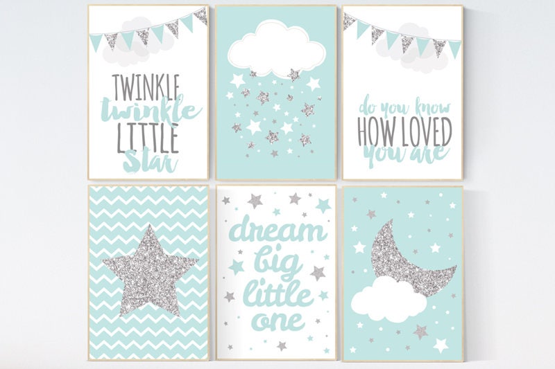 Mint silver gray nursery, dream big little one, nursery decor elephant, Mint silver nursery, nursery prints, gender neutral, teal mint green