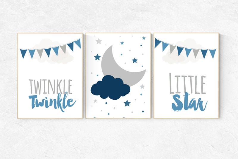 Twinkle Twinkle Little Star, cloud nursery art, Baby boy nursery decor, navy gray nursery, boys room wall art, baby room prints, set of 3