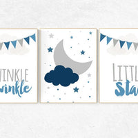 Twinkle Twinkle Little Star, cloud nursery art, Baby boy nursery decor, navy gray nursery, boys room wall art, baby room prints, set of 3