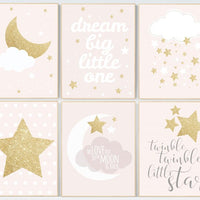 Pink gold nursery art, dream big little one, twinkle twinkle little star, nursery decor, pale pink, moon nursery, baby girl nursery wall art