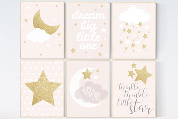 Pink gold nursery art, dream big little one, twinkle twinkle little star, nursery decor, pale pink, moon nursery, baby girl nursery wall art