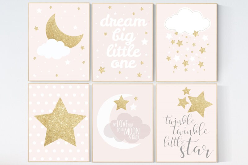 Pink gold nursery art, dream big little one, twinkle twinkle little star, nursery decor, pale pink, moon nursery, baby girl nursery wall art