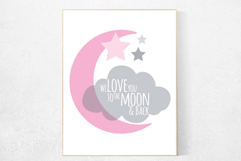 We love you to the moon and back, pink nursery decor, nursery decor, moon nursery, baby girl nursery wall art nursery wall art new baby gift