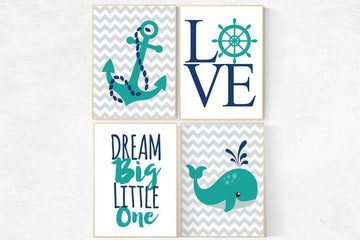 Nautical Nursery Art, Dream Big Little one, navy teal turqouise, Whale nursery, Baby Boy Nursery Wall Art, nautical kid art Baby Boy Nursery