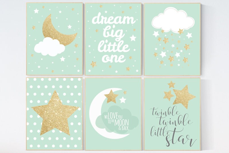 Nursery decor boy, dream big little one, twinkle twinkle little star, mint gold, nursery decor, mint nursery, moon nursery, nursery decor
