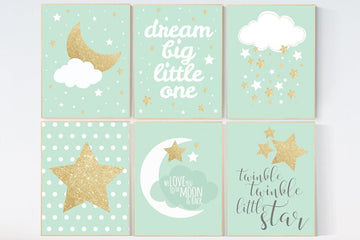 Nursery decor boy, dream big little one, twinkle twinkle little star, mint gold, nursery decor, mint nursery, moon nursery, nursery decor