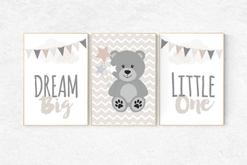 Bear nursery decor, gender neutral nursery, dream big little one, neutral nursery, nursery wall art bear, bear nursery print, gray nursery