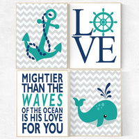 Nautical Nursery Decor, Nautical boy nursery, love print, mightier than the waves, Nautical Nursery Wall Art teal navy nursery decor whale